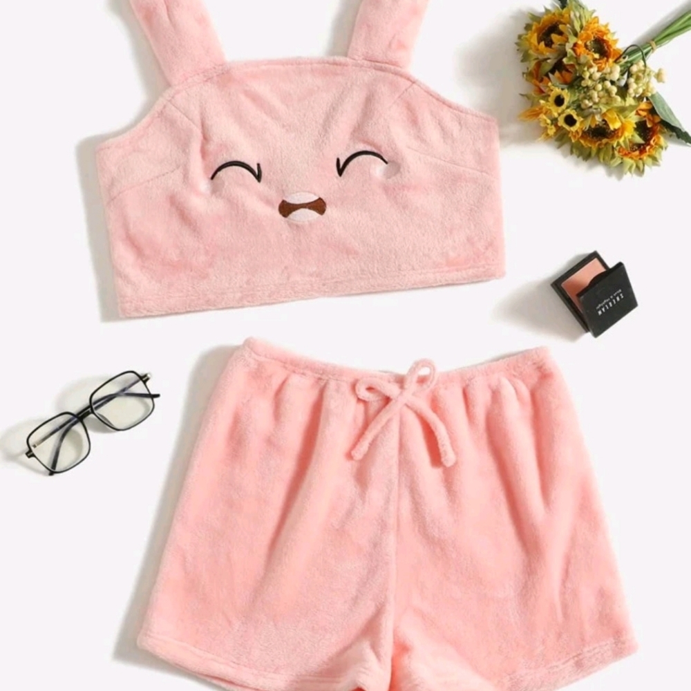Cartoon Embroidered Flannel PJ Set